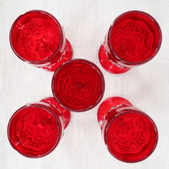 LE Smith Moon and Stars 5 Wine Glasses Goblets Amberina Ruby Red 4 1/2" Tall - Picture 2 of 9